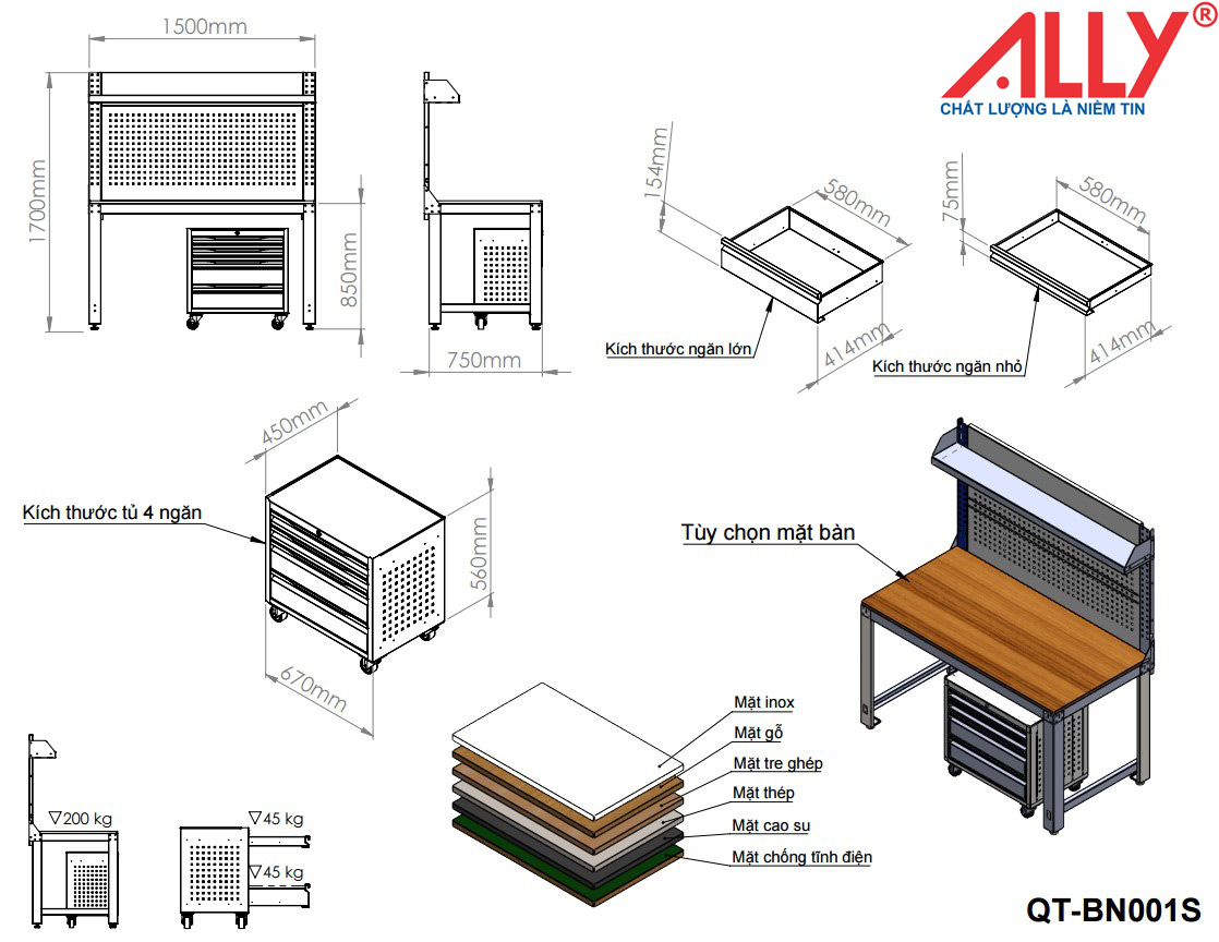 Bảng vẽ bàn thao tác cơ khí Ally QT-Bn001S