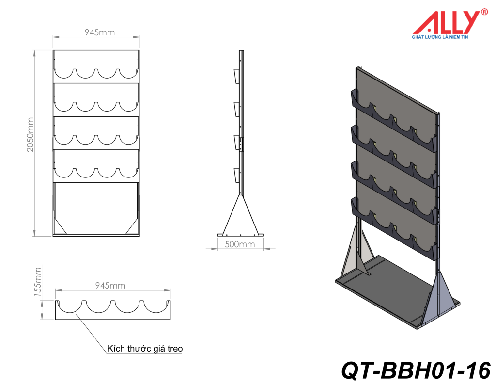 Giá treo 16 nón bảo hộ lao động ALLY QT-BBH01-16